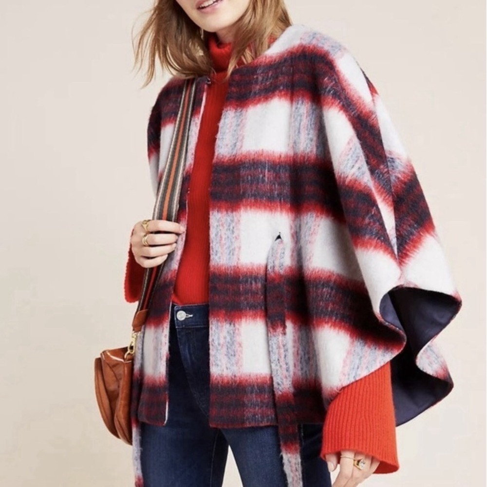 Andersen & Lauth‎ Anthropologie Johanna Red Plaid Capelet Poncho Olivia Sz OS